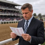 Thoroughbred handicapper reviewing a horse race news ticker trackside