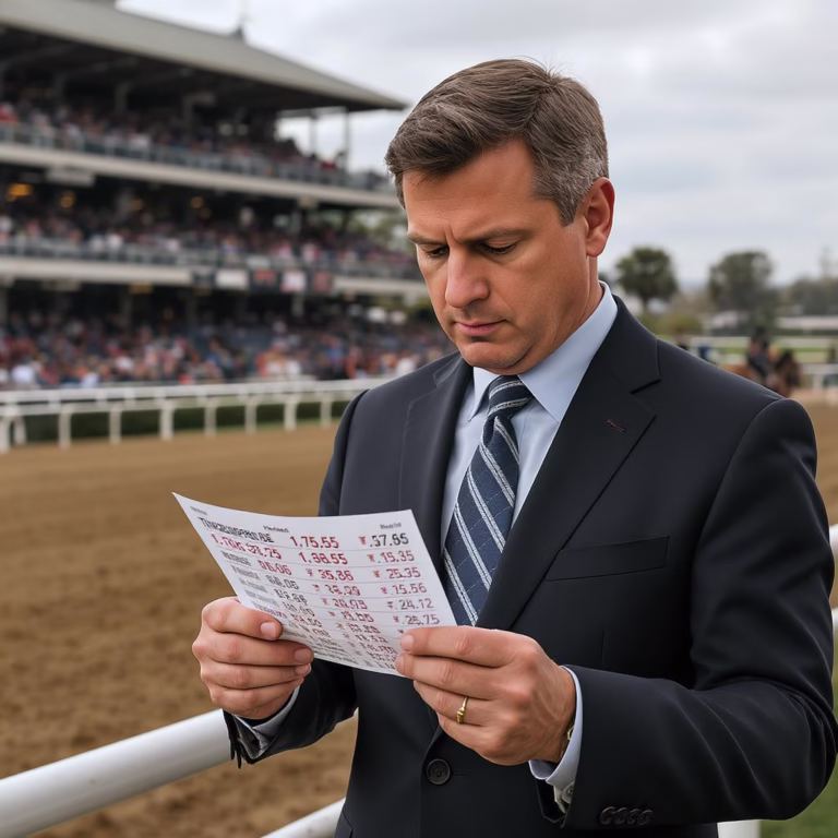 Thoroughbred handicapper reviewing a horse race news ticker trackside