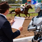 A horse race handicapper holding a PPS/Racing Form standing by a AI robot watching a thoroughbred horse race.