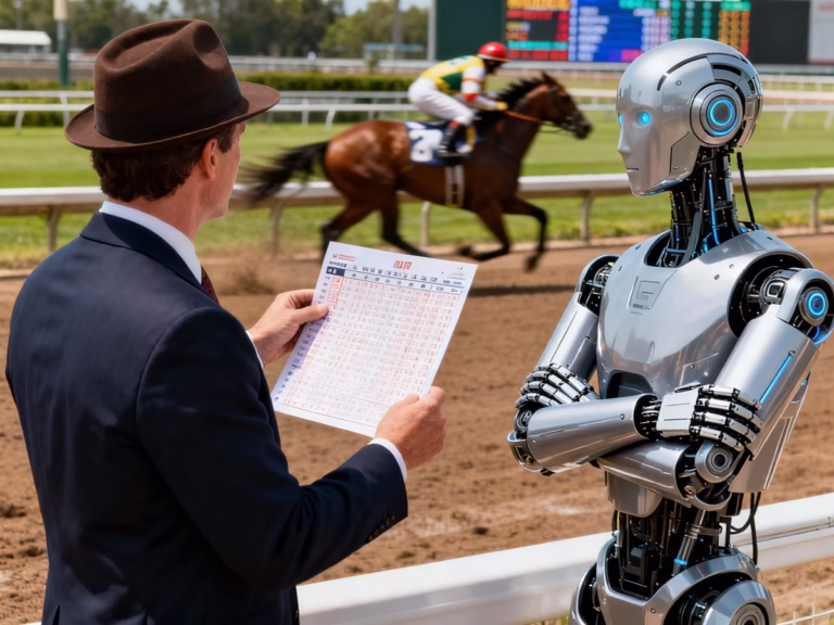A horse race handicapper holding a PPS/Racing Form standing by a AI robot watching a thoroughbred horse race.