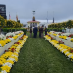 The Winner's Circle and Old Clubhouse lined with Black-Eyed Susans on Preakness Day, May 20, 2023.
