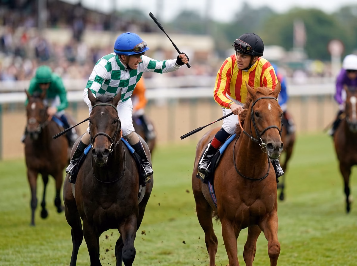 Two jockeys fighting each other with their whips.