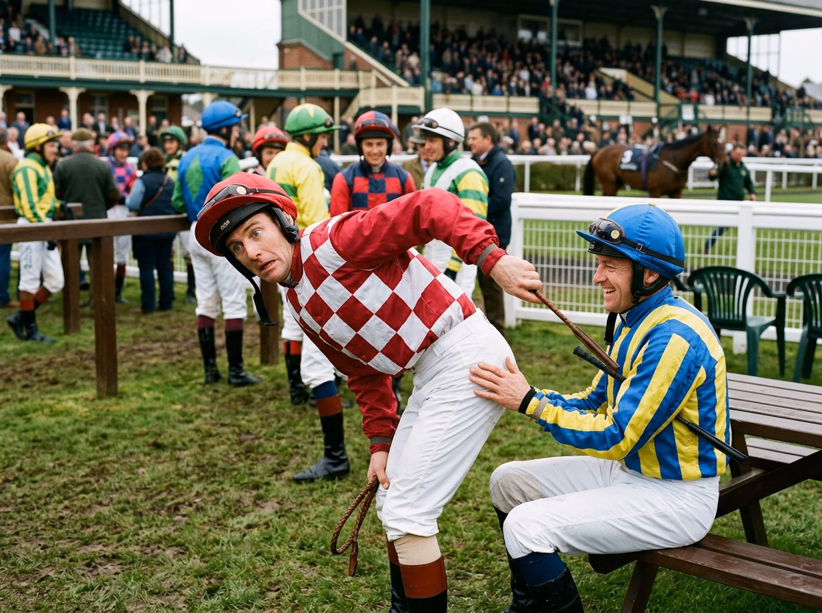 A jockey bent over whipping himself with a horse whip