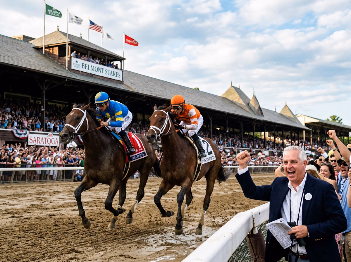 Todd Pletcher cheering two horses racing at the Belmont Stakes at Saratoga