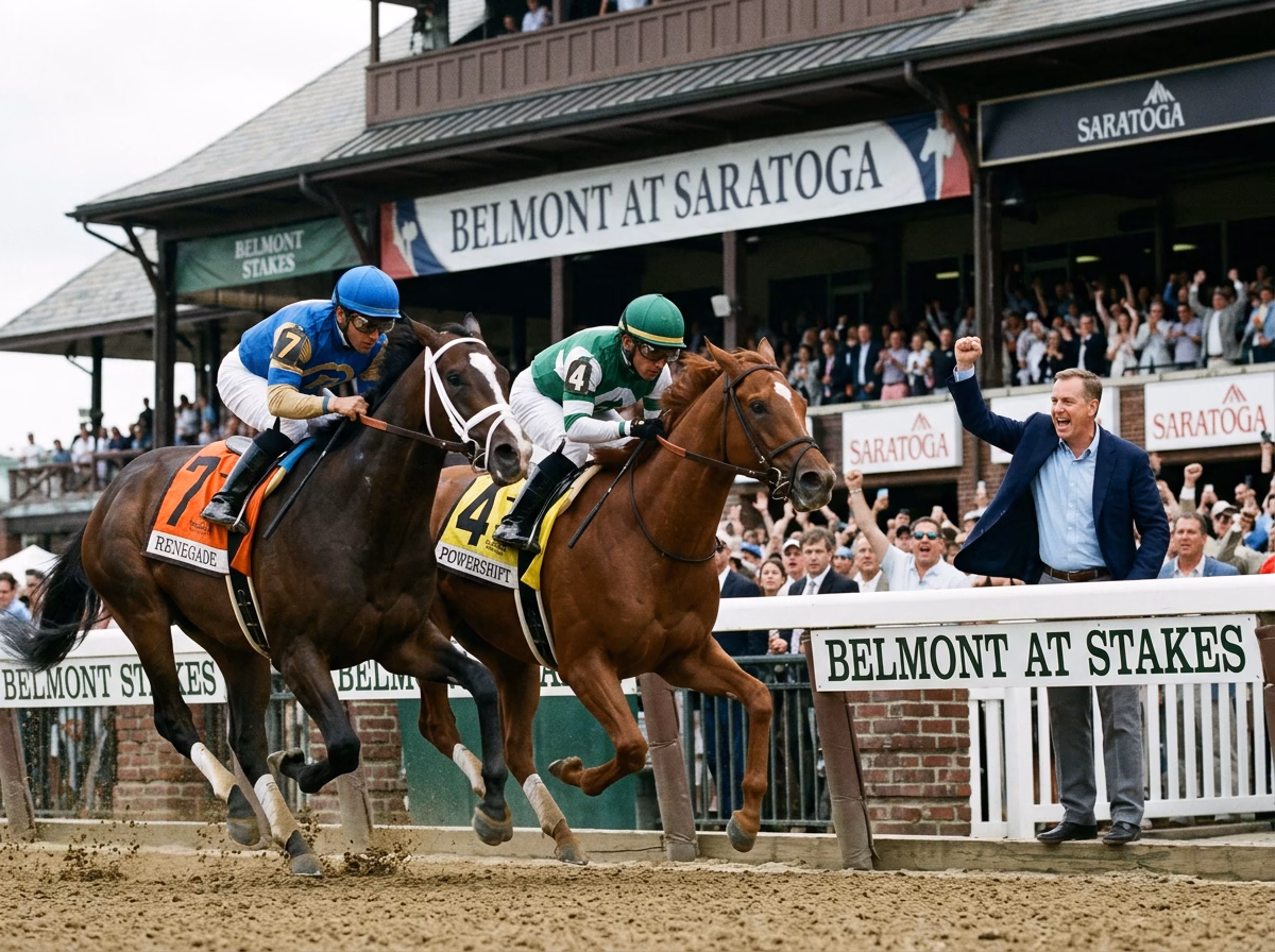 Todd Pletcher cheering two horses racing at the Belmont Stakes at Saratoga
